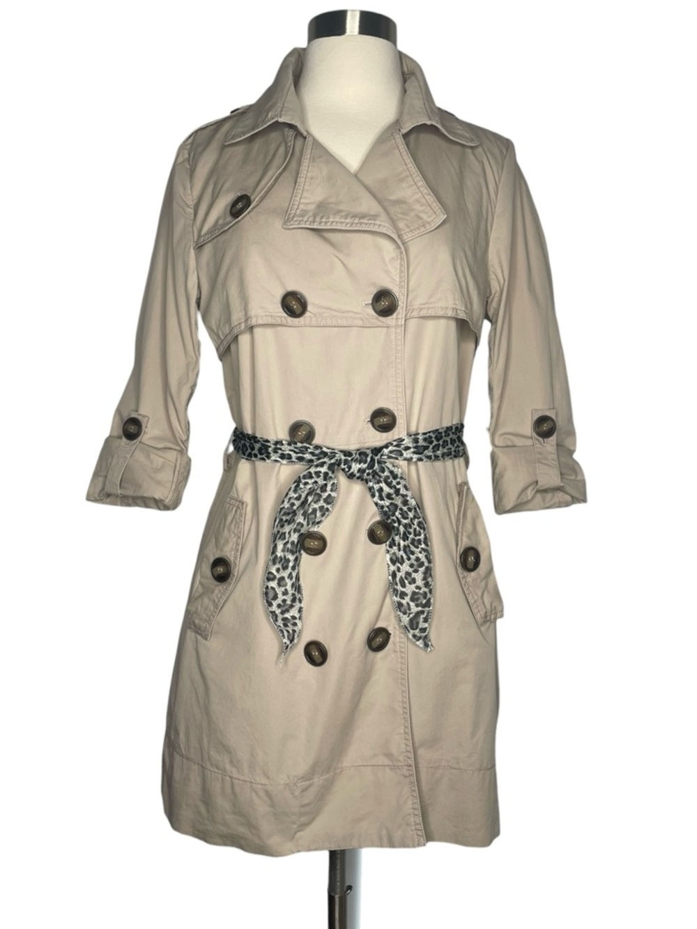 BESS Trench Coat Dress Khaki Size M Safari ShirtDress Lace Lined 3/4 Long Sleeve
